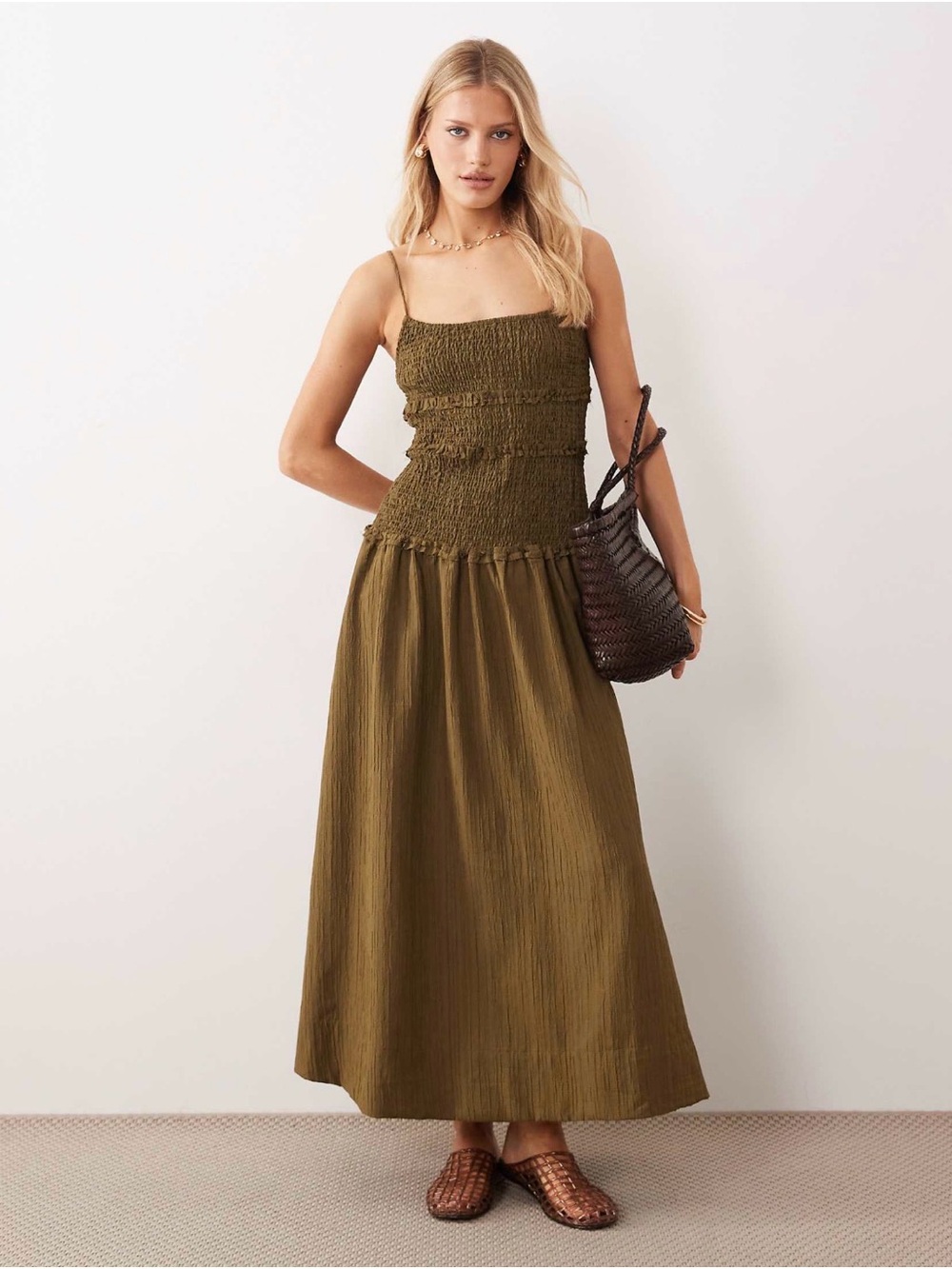 ASOS Smocked Crinkle Olive Green Maxi Dress with Spaghetti Straps